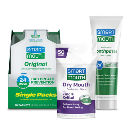 SmartMouth Package: Activated Mouthwash, Dry Mouth Mints 50-Count & Zinc Ion Toothpaste