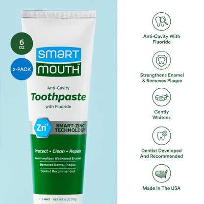 SmartMouth Premium Zinc Ion Toothpaste – Whitening, Fluoride, 6 oz 2-Pack – Anti-Cavity & Enamel Strengthening, Mild Mint