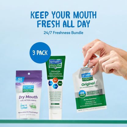 SmartMouth Package: Activated Mouthwash, Dry Mouth Mints 50-Count & Zinc Ion Toothpaste