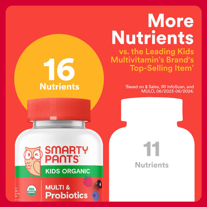 SmartyPants Organic Kids Multivitamin Gummies with Probiotics, Omega-3 ALA, Vitamin D3, C, B Vitamins, Zinc — 120 Count (30 Day Supply)