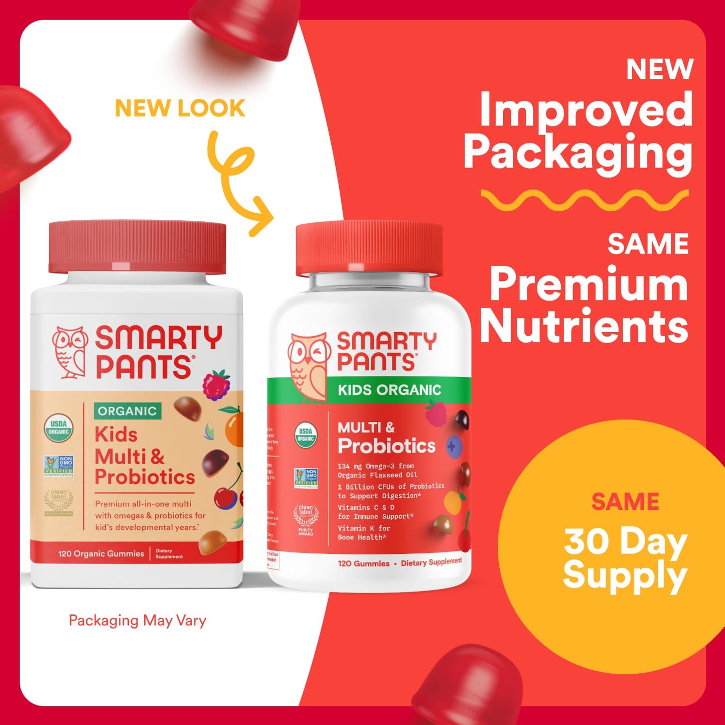 SmartyPants Organic Kids Multivitamin Gummies with Probiotics, Omega-3 ALA, Vitamin D3, C, B Vitamins, Zinc — 120 Count (30 Day Supply)