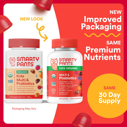 SmartyPants Organic Kids Multivitamin Gummies with Probiotics, Omega-3 ALA, Vitamin D3, C, B Vitamins, Zinc — 120 Count (30 Day Supply)