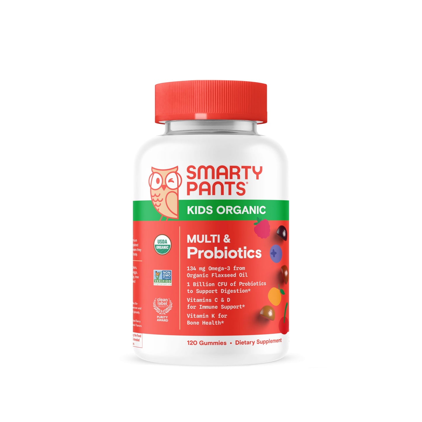 SmartyPants Organic Kids Multivitamin Gummies with Probiotics, Omega-3 ALA, Vitamin D3, C, B Vitamins, Zinc — 120 Count (30 Day Supply)