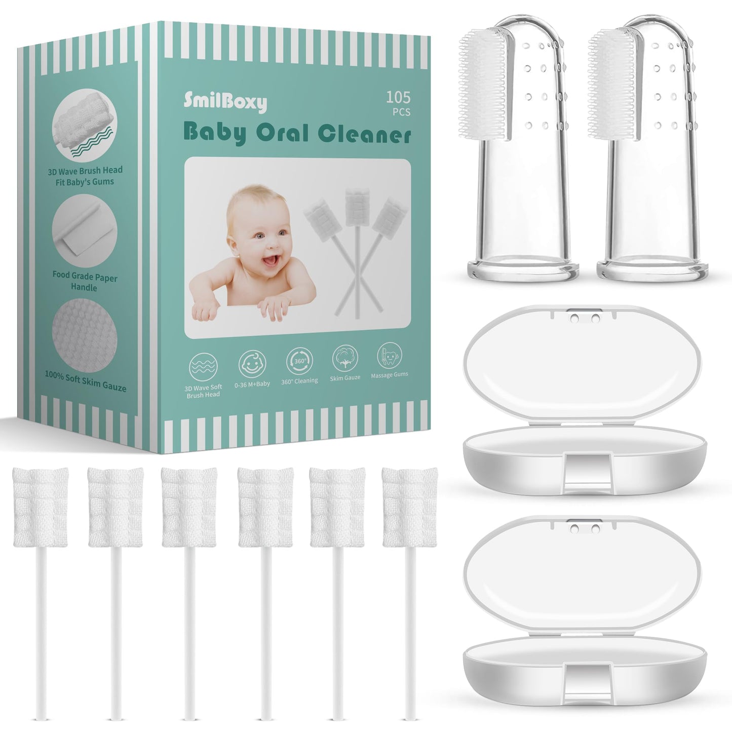 SmilBoxy 105-Piece Baby Tongue Cleaner + 2 Finger Toothbrush Set | 0-36 Months