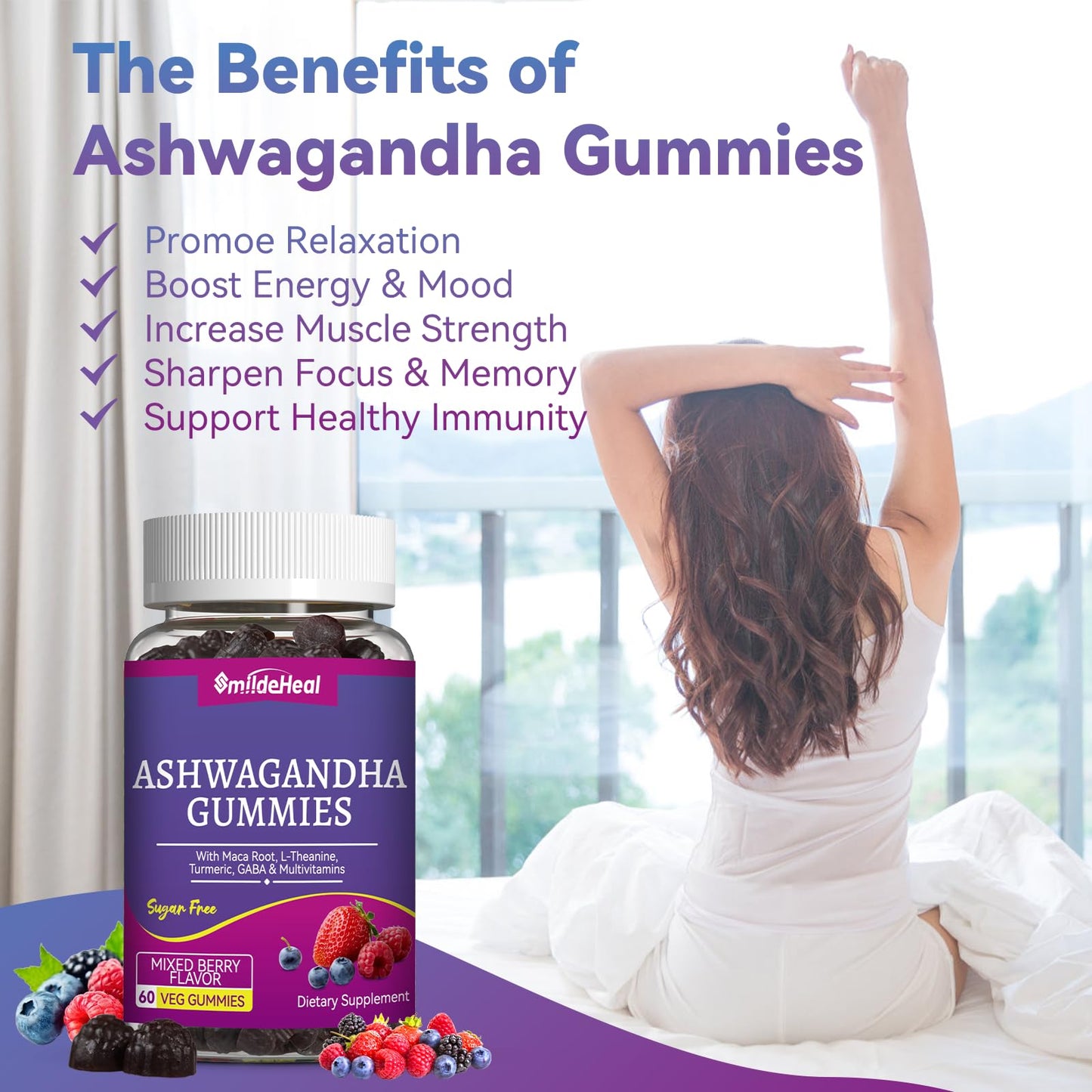 SmildeHeal Ashwagandha Gummies 3000mg – Stress Relief, Immune Support & Energy (60 Count)