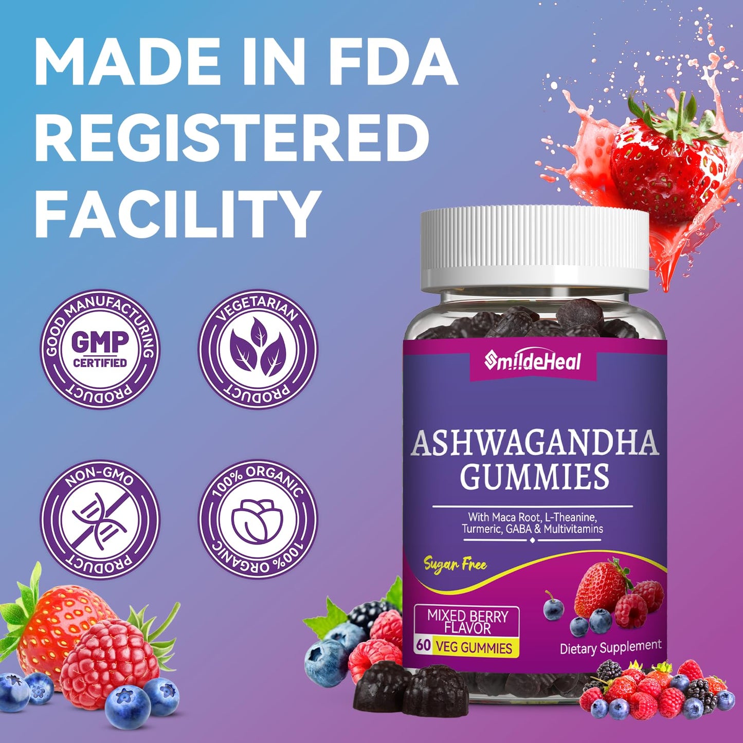SmildeHeal Ashwagandha Gummies 3000mg – Stress Relief, Immune Support & Energy (60 Count)