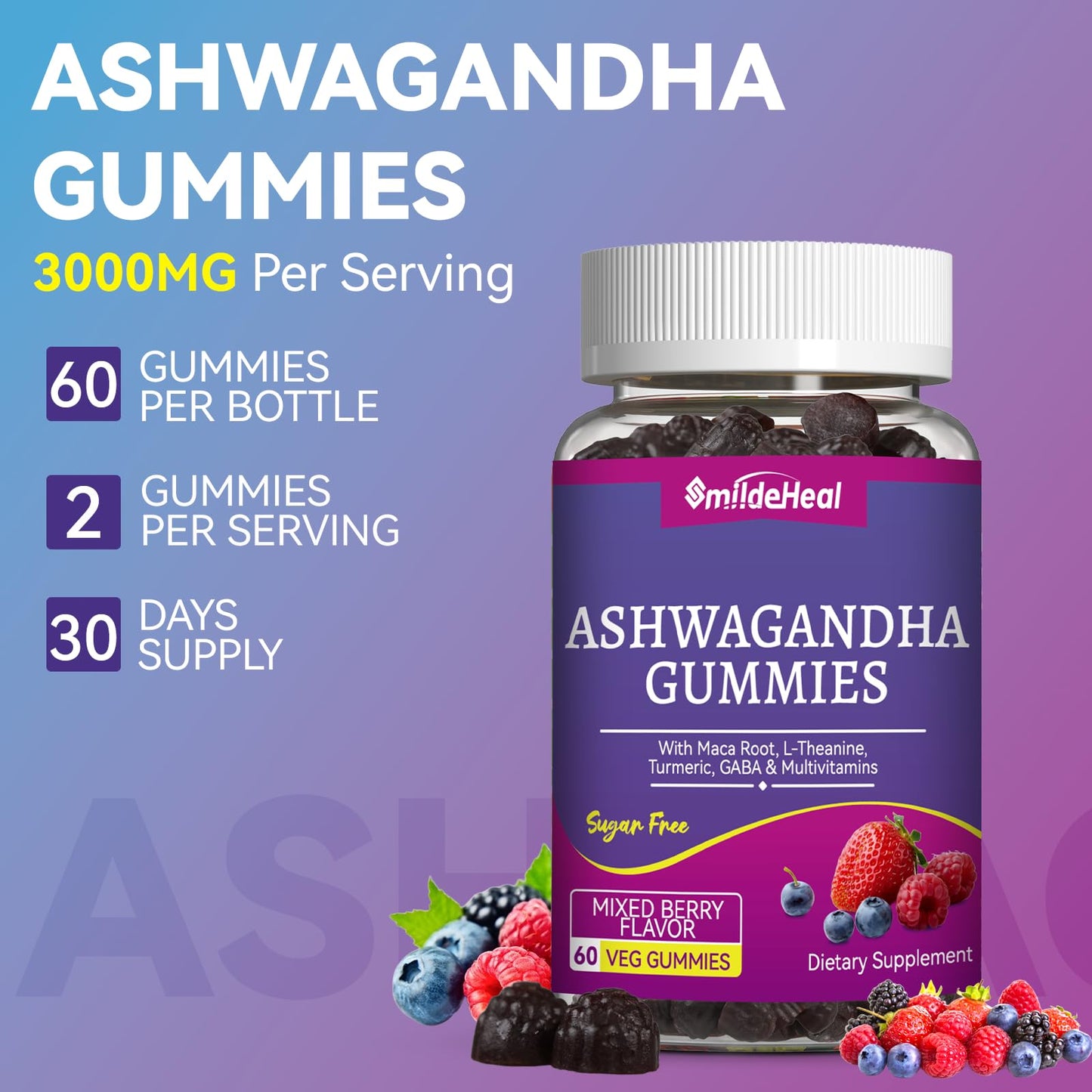 SmildeHeal Ashwagandha Gummies 3000mg – Stress Relief, Immune Support & Energy (60 Count)