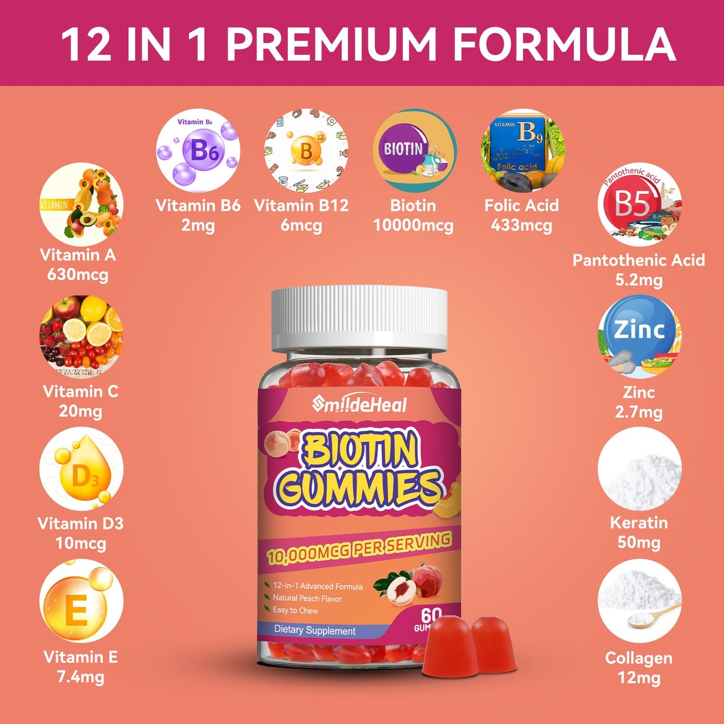 SmildeHeal Biotin Gummies 10,000 mcg – Hair Growth, Vegan, 120 Gummies