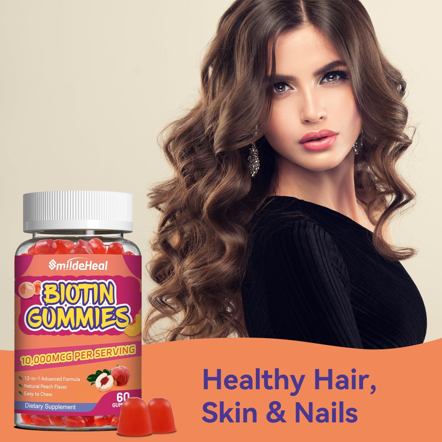 SmildeHeal Biotin Gummies 10,000 mcg – Hair Growth, Vegan, 120 Gummies