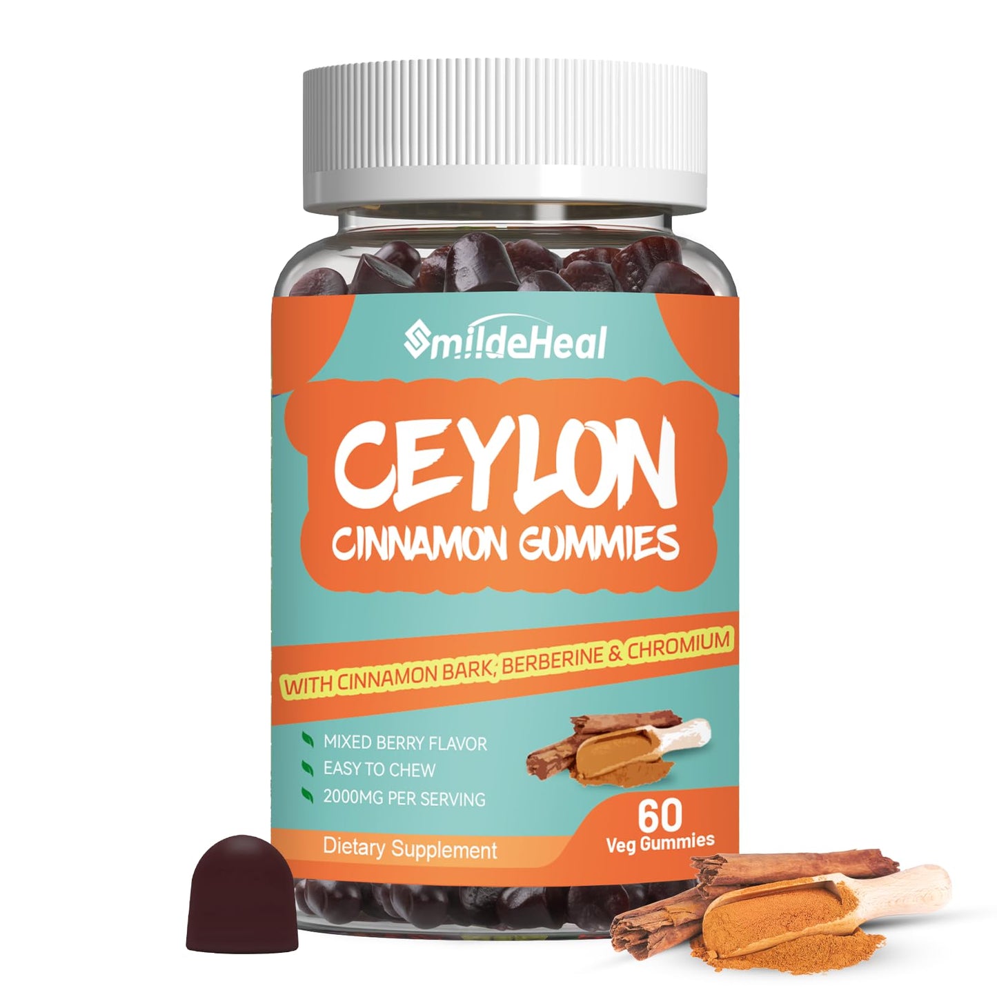 SmildeHeal Sugar Free Ceylon Cinnamon Gummies 2000MG – Vegan, Non-GMO, 60 Gummies