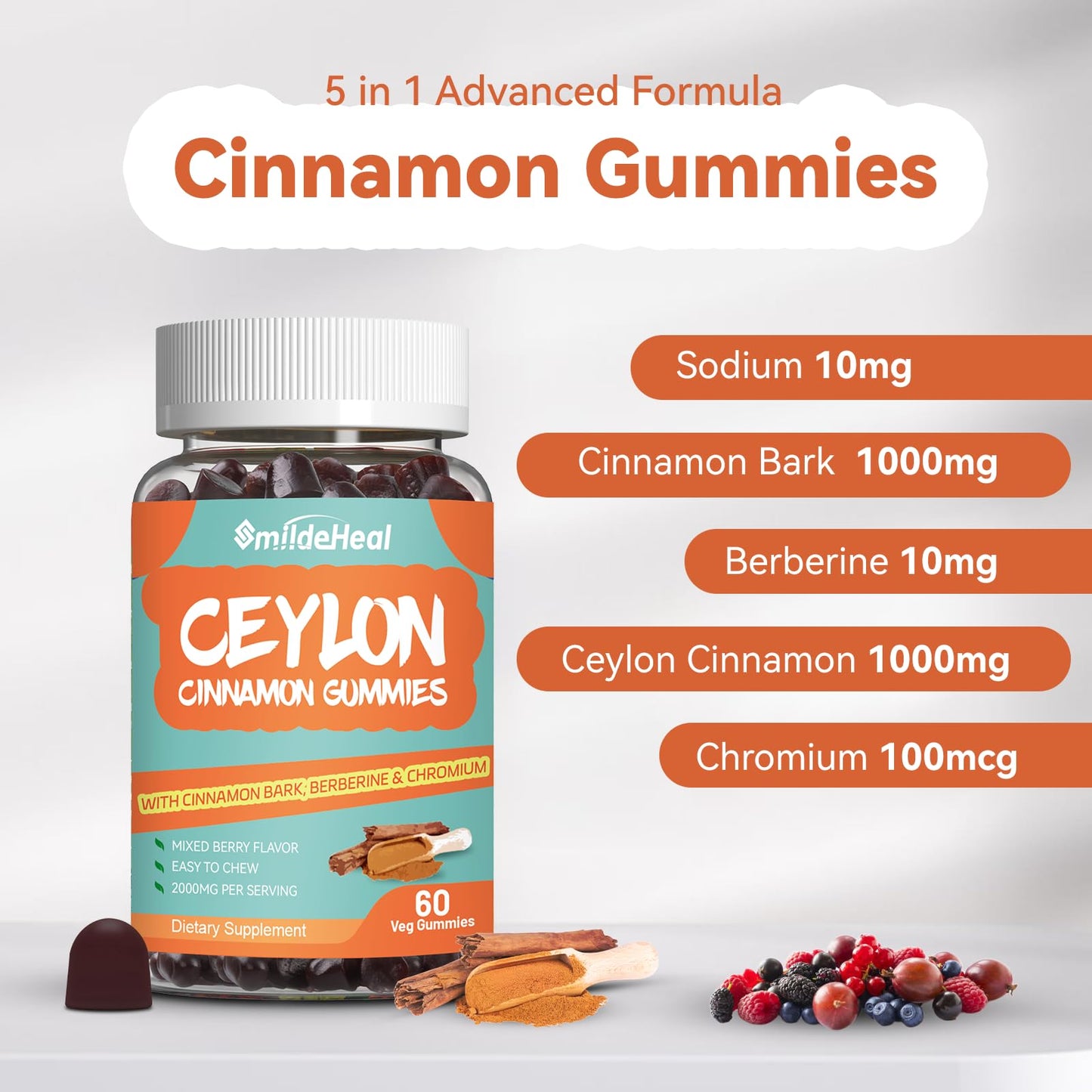SmildeHeal Sugar Free Ceylon Cinnamon Gummies 2000MG – Vegan, Non-GMO, 60 Gummies