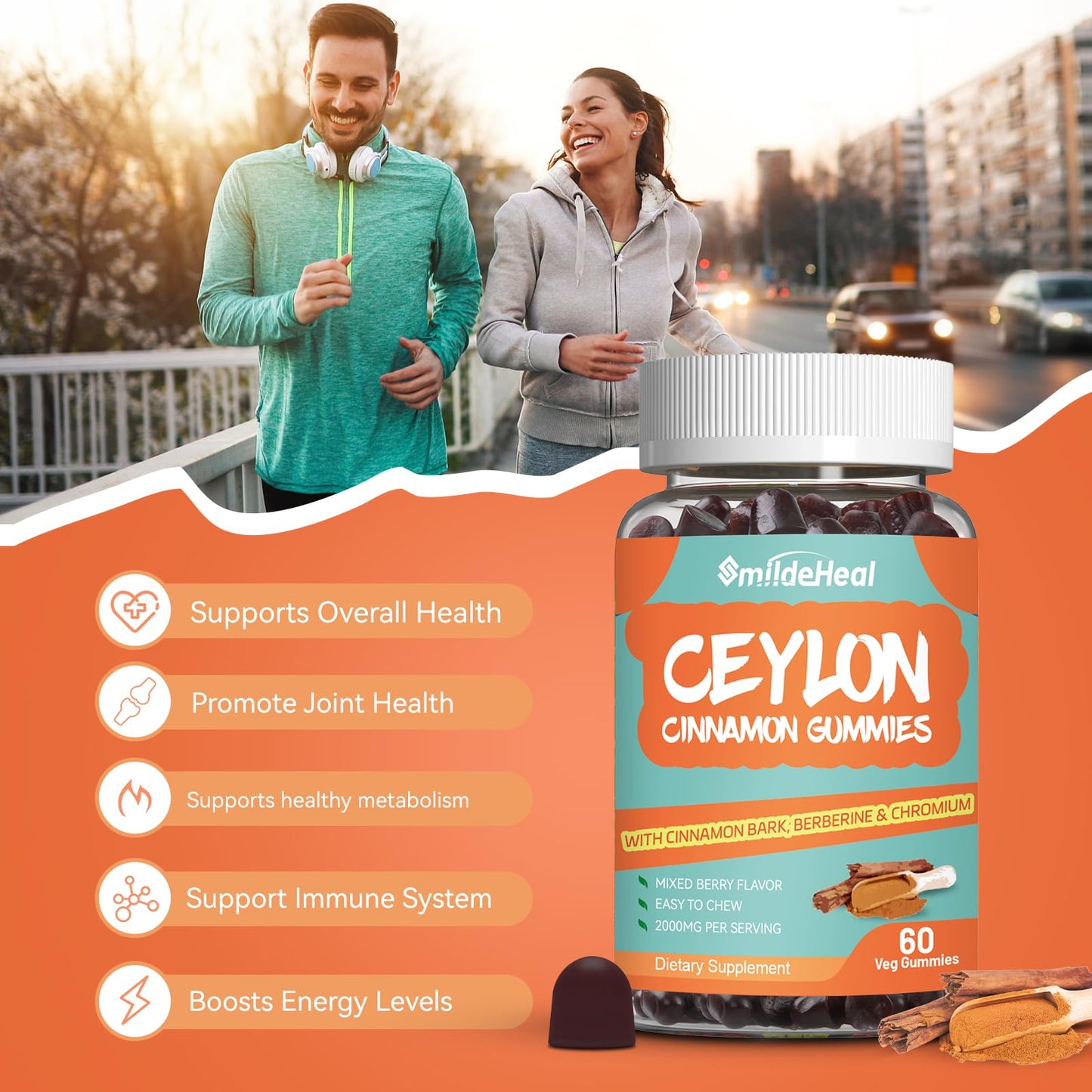 SmildeHeal Sugar Free Ceylon Cinnamon Gummies 2000MG – Vegan, Non-GMO, 60 Gummies
