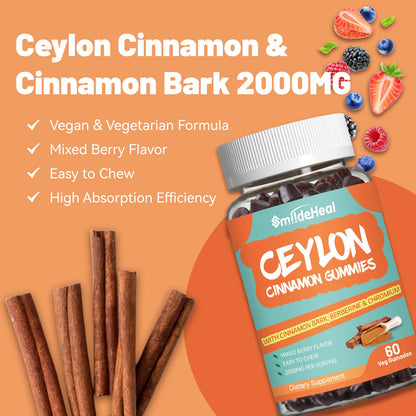 SmildeHeal Sugar Free Ceylon Cinnamon Gummies 2000MG – Vegan, Non-GMO, 60 Gummies