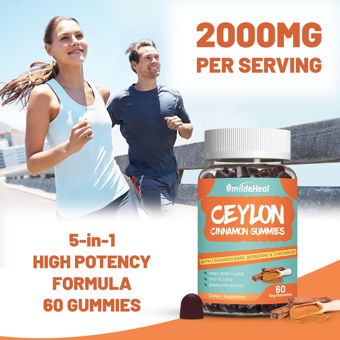SmildeHeal Sugar Free Ceylon Cinnamon Gummies 2000MG – Vegan, Non-GMO, 60 Gummies
