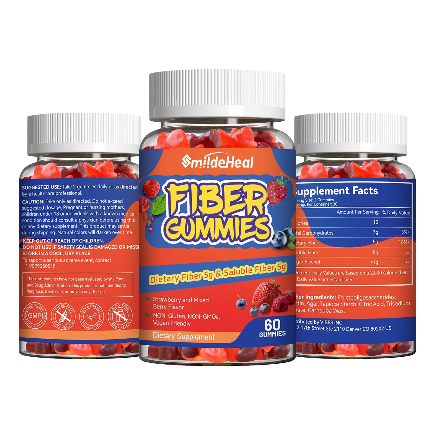 SmildeHeal Fiber Gummies – Dietary Fiber for Gut Health, Vegan, Non-GMO, Gluten-Free | 60 Count