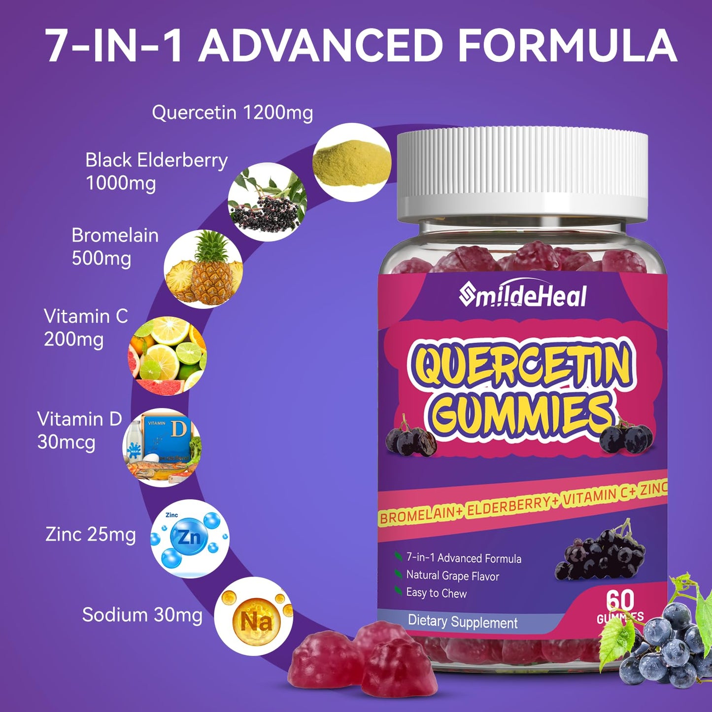 SmildeHeal Quercetin Gummies 1200MG – Vegan, Bromelain & Vitamin C | 60 Gummies
