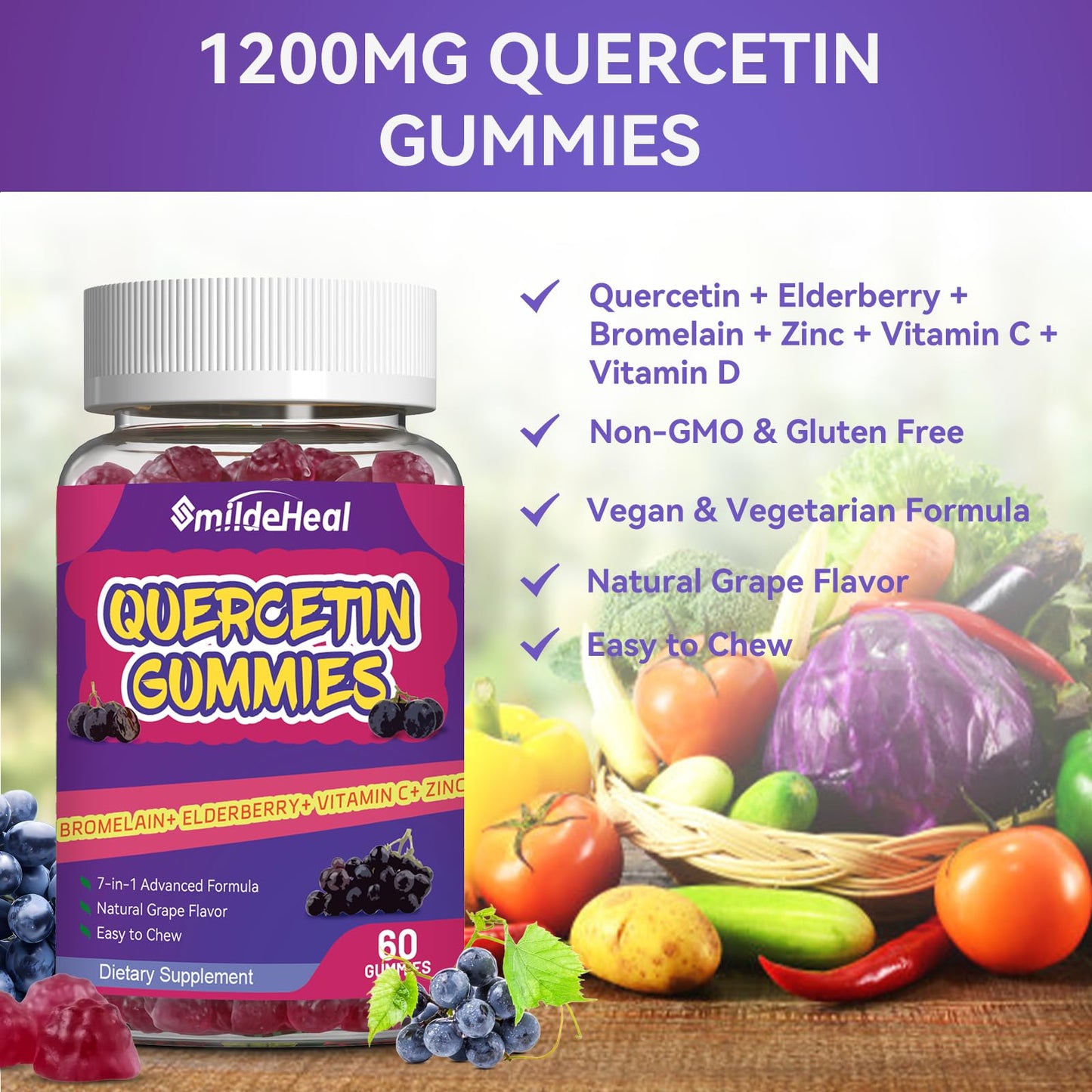 SmildeHeal Quercetin Gummies 1200MG – Vegan, Bromelain & Vitamin C | 60 Gummies