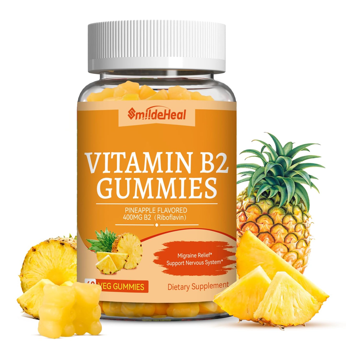SmildeHeal Vitamin B2 Gummies - Migraine Relief, Nervous System Support, Vegan (60 Count)