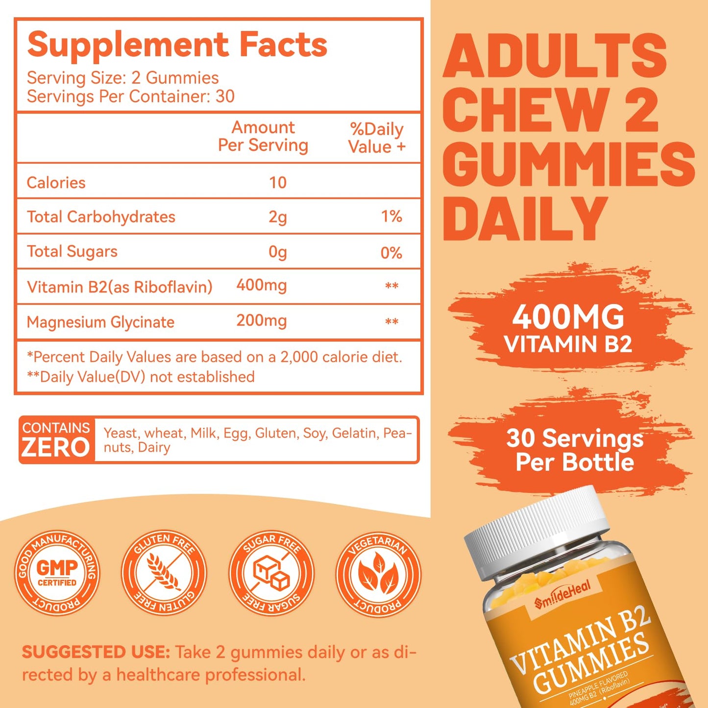SmildeHeal Vitamin B2 Gummies - Migraine Relief, Nervous System Support, Vegan (60 Count)