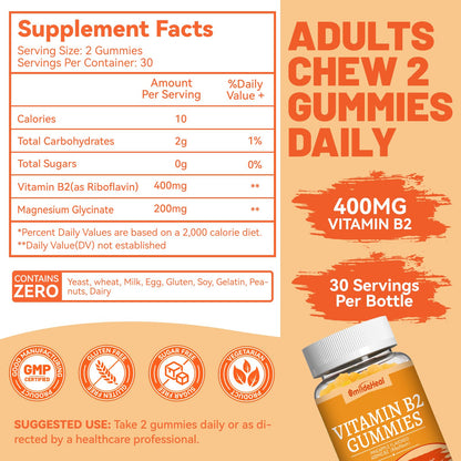 SmildeHeal Vitamin B2 Gummies - Migraine Relief, Nervous System Support, Vegan (60 Count)