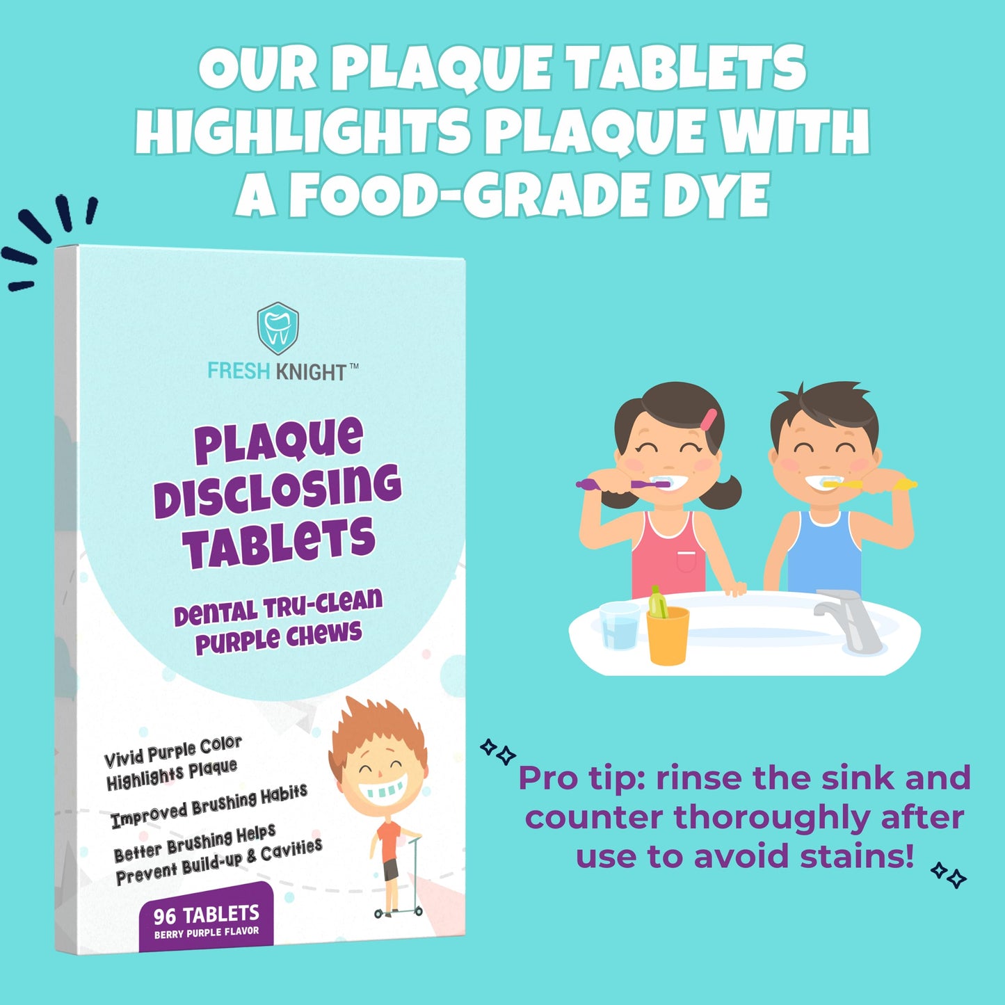 Plaque Disclosing Tablets – 96 Count for Kids & Adults | Fresh Knight Tru-Clean Berry