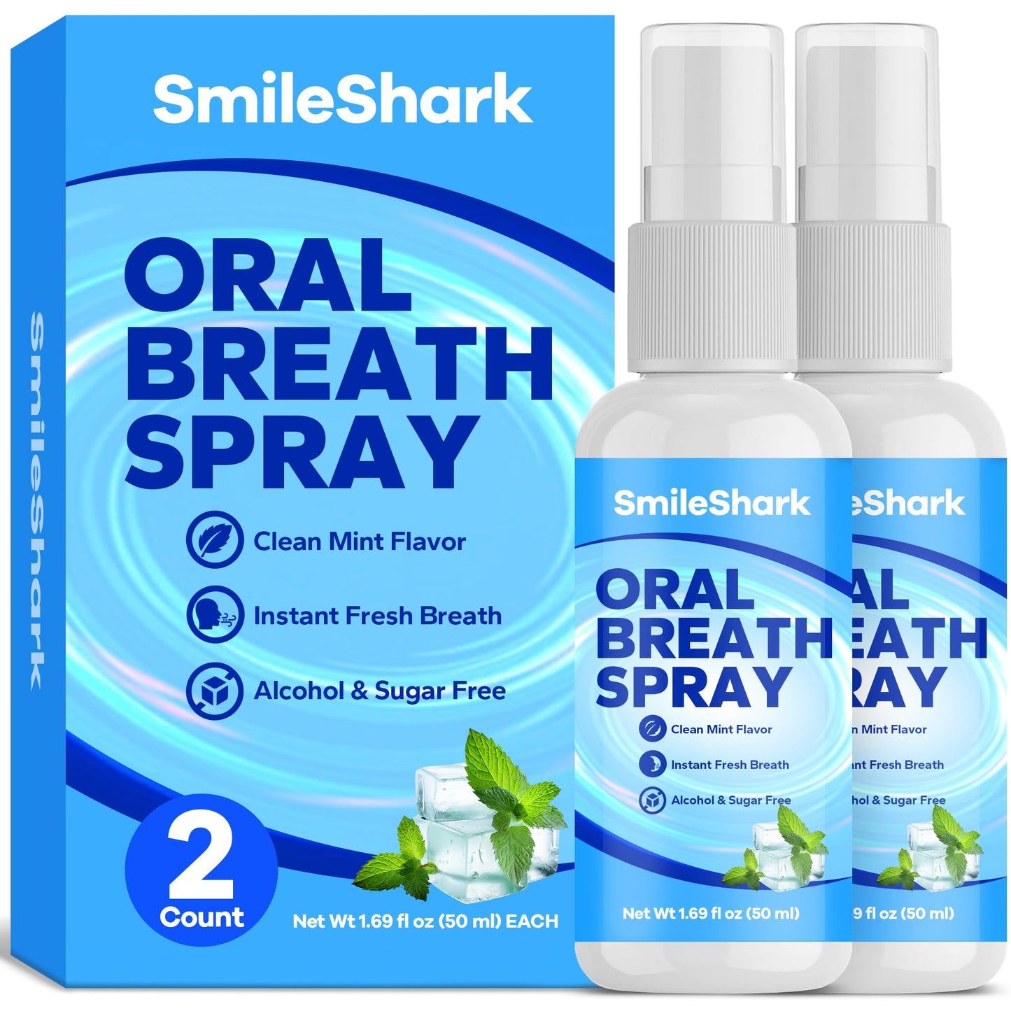 SmileShark Fresh Breath Spray (2 Pack) – Alcohol-Free, Sugar-Free Mouth Moisturizer for Dry Mouth | Travel Size 1.69 oz