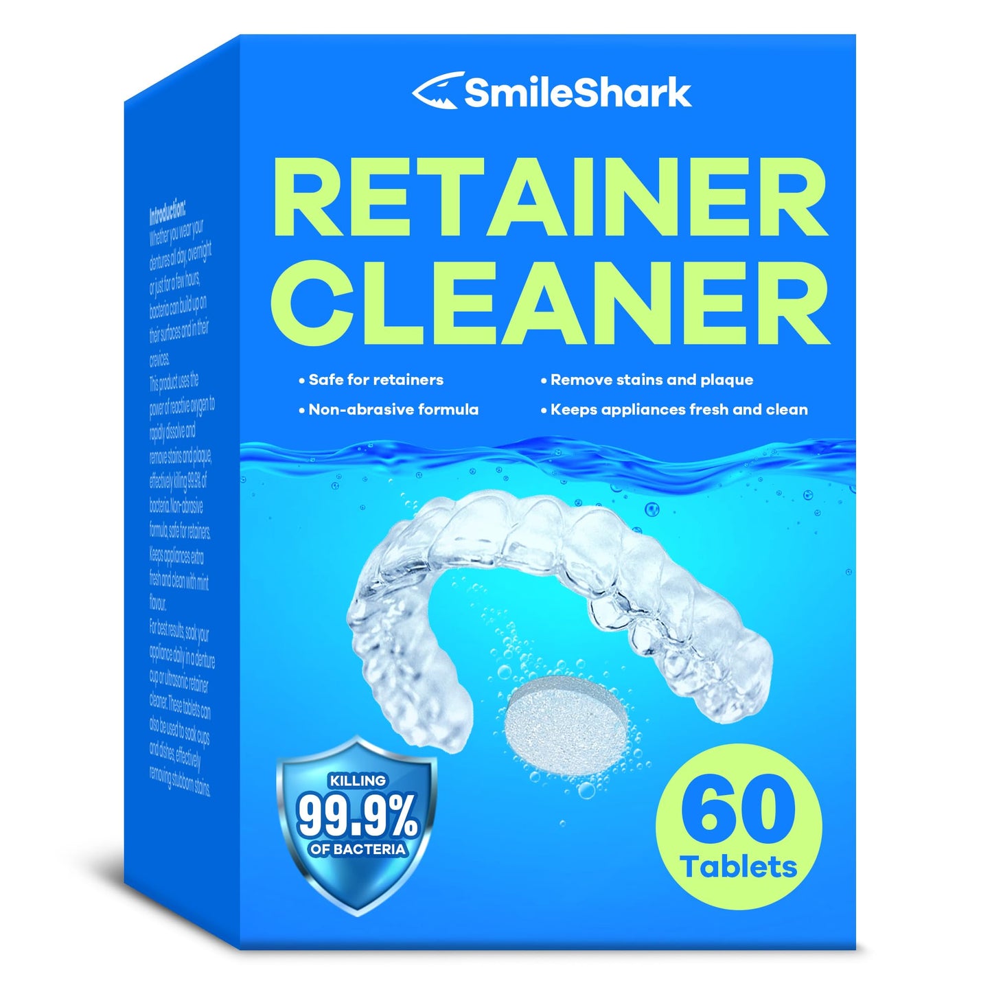SmileShark Retainer Cleaner (60 Tablets) | Denture Cleaning Tablets with Minty Odor Neutralizing