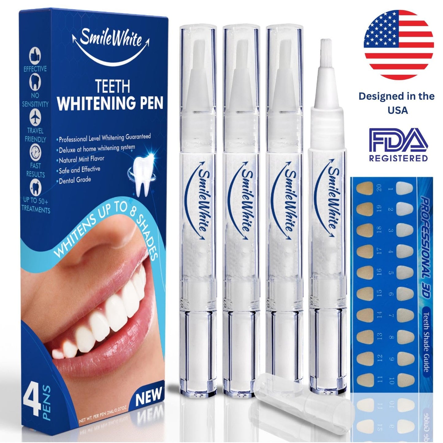 SmileWhite Teeth Whitening Pen 4 Pack – No Sensitivity, Enamel Safe, Fast Whitening with Natural Mint