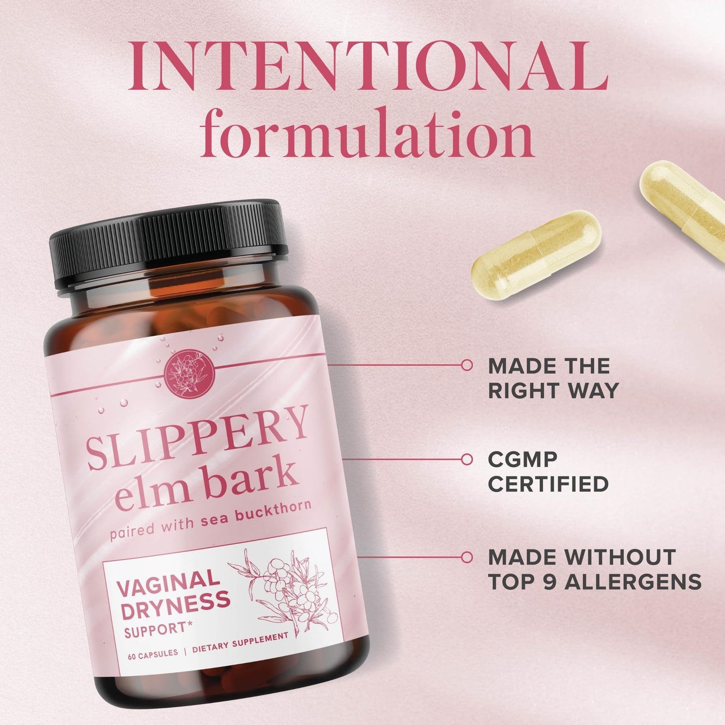 SMNutrition Slippery Elm for Women — Vaginal Moisture & Dryness Support | 60 Capsules | Non-GMO