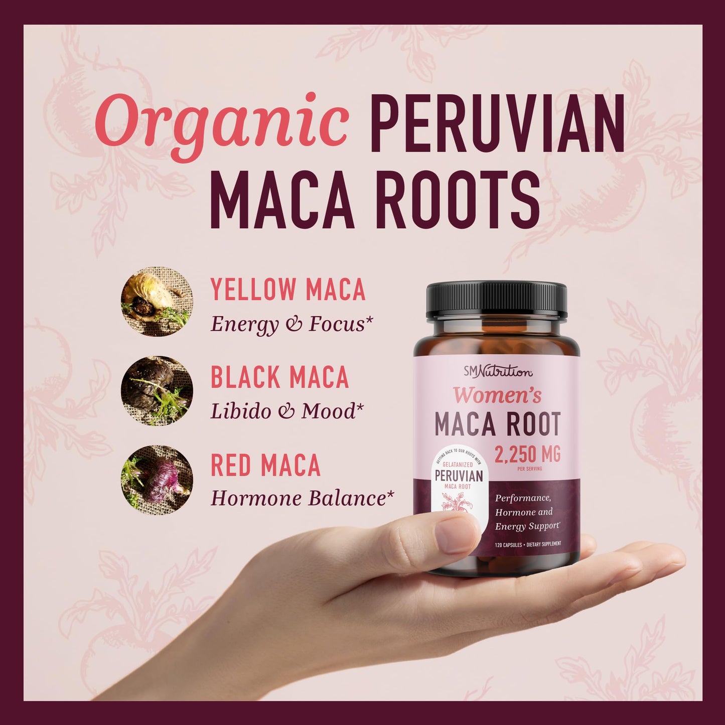 SMNutrition Organic Maca Root Capsules for Women | 2250MG Extra Strength Peruvian Maca + Black Pepper | 120 Ct