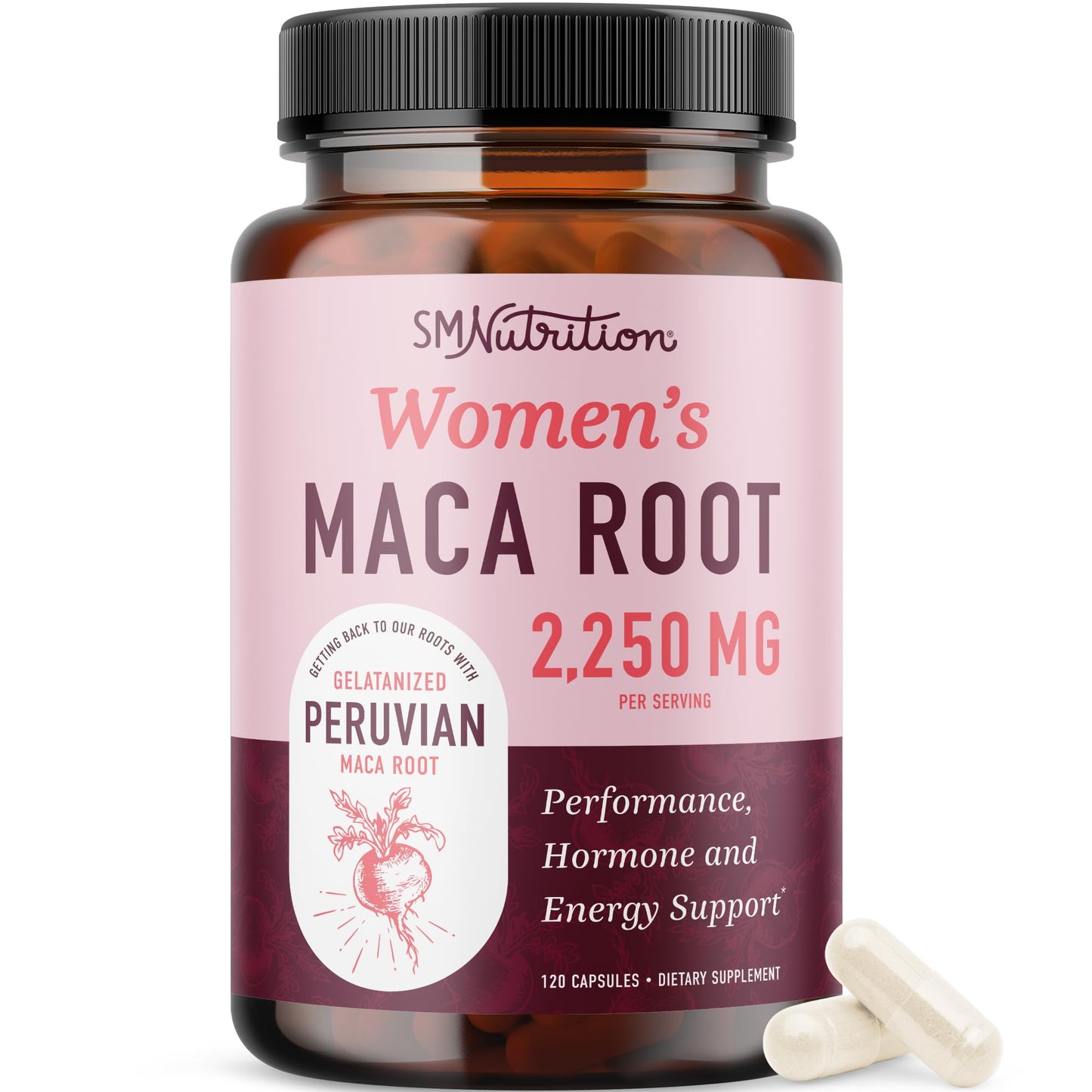 SMNutrition Organic Maca Root Capsules for Women | 2250MG Extra Strength Peruvian Maca + Black Pepper | 120 Ct