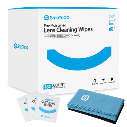SmoTecQ Eyeglass Cleaning Wipes Kit – 180 Wipes + 2 Microfiber Cloths