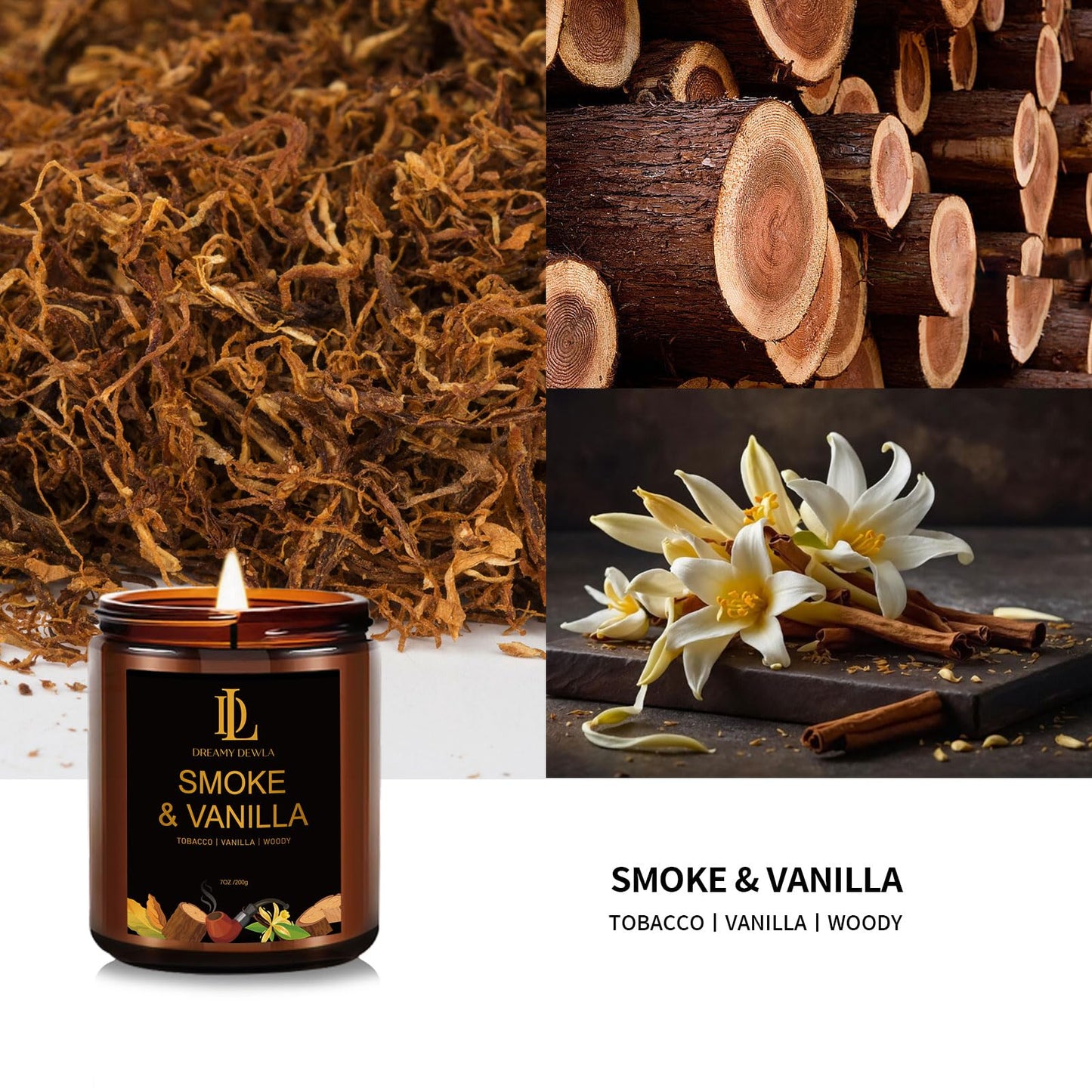 Smoke & Vanilla Candles | Natural Soy Candle, 50-Hour Burn Time