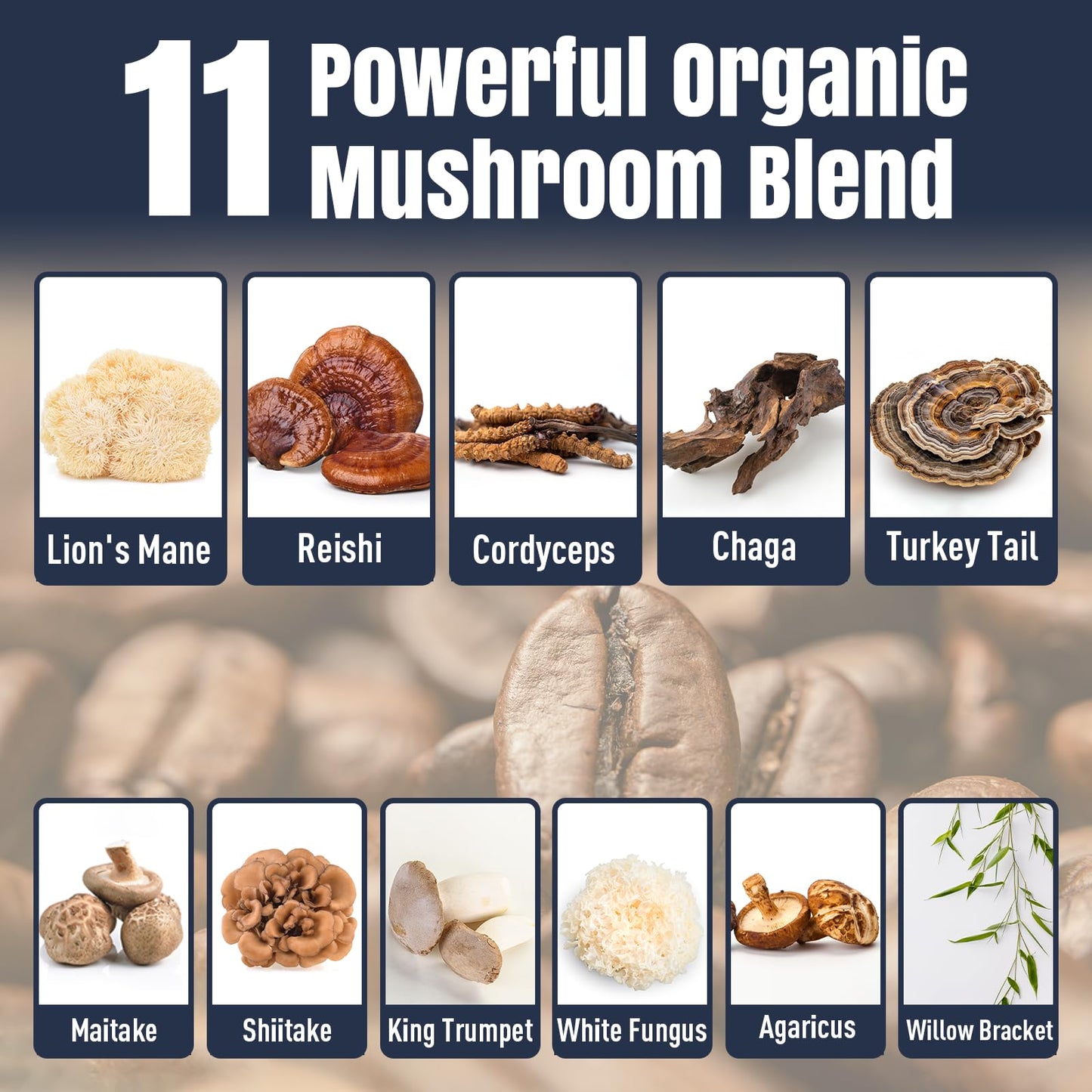 Mushroom Coffee – 11 Superfood Mushrooms with Lion’s Mane, Reishi, Chaga & Ashwagandha | Organic Instant Coffee, Low Caffeine & Sugar Free (5.3oz)