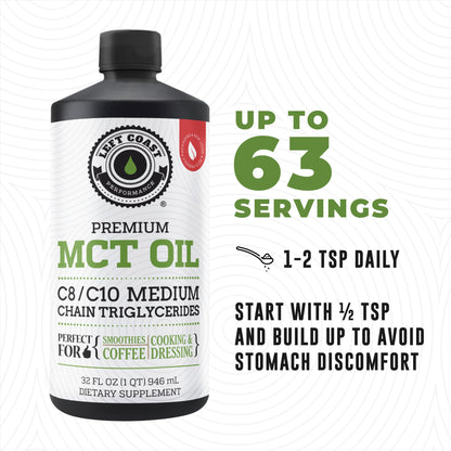 100% Coconut MCT Oil Liquid – C8 C10 for Sustained Mental Energy & Focus | Palm Free, Vegan, Keto & Paleo | 32 oz (60+ Servings)
