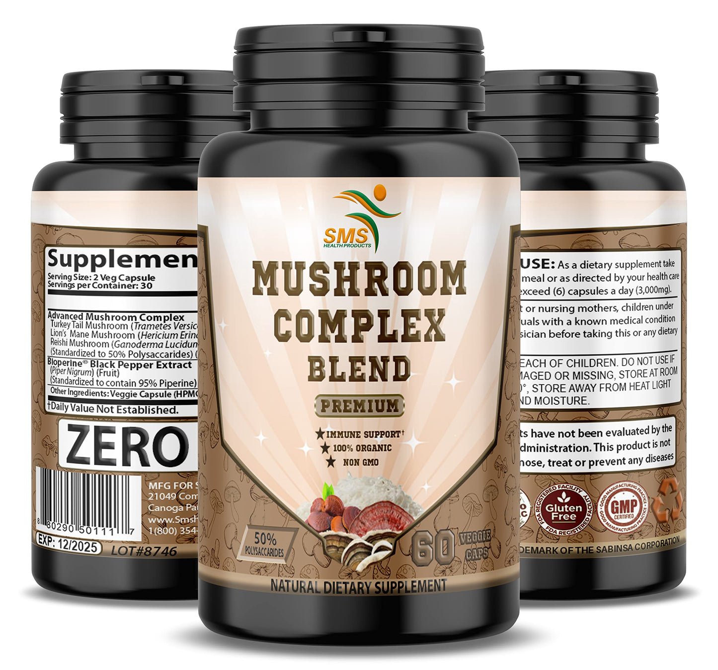 SMSHEALTH Mushroom Capsules - 50% Polysaccharides, 2000mg Daily – Lion's Mane, Reishi, Turkey Tail