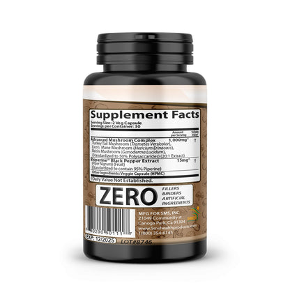 SMSHEALTH Mushroom Capsules - 50% Polysaccharides, 2000mg Daily – Lion's Mane, Reishi, Turkey Tail