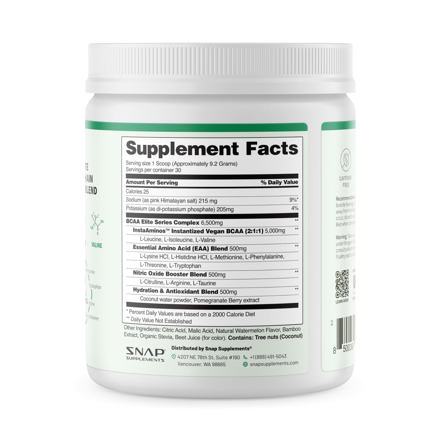 Snap BCAA Powder – Essential Amino Energy, Nitric Oxide Booster, Watermelon (30 Servings)