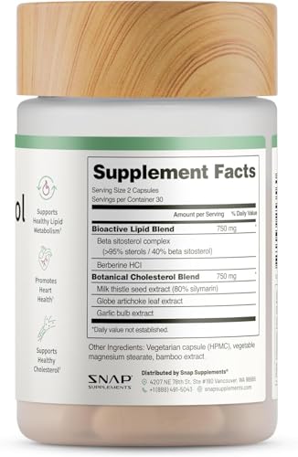 Snap Supplements Cholesterol Health - Natural Support for Heart, Liver, Digestive and Metabolic Health, 60 Vegetarian Capsules (30 Servings, 1 Month Supply)