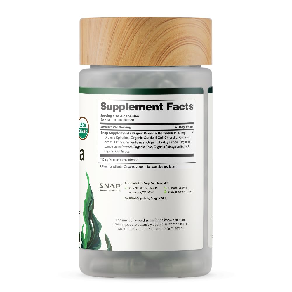 Snap Supplements Organic Spirulina & Chlorella - 120 Vegetarian Capsules