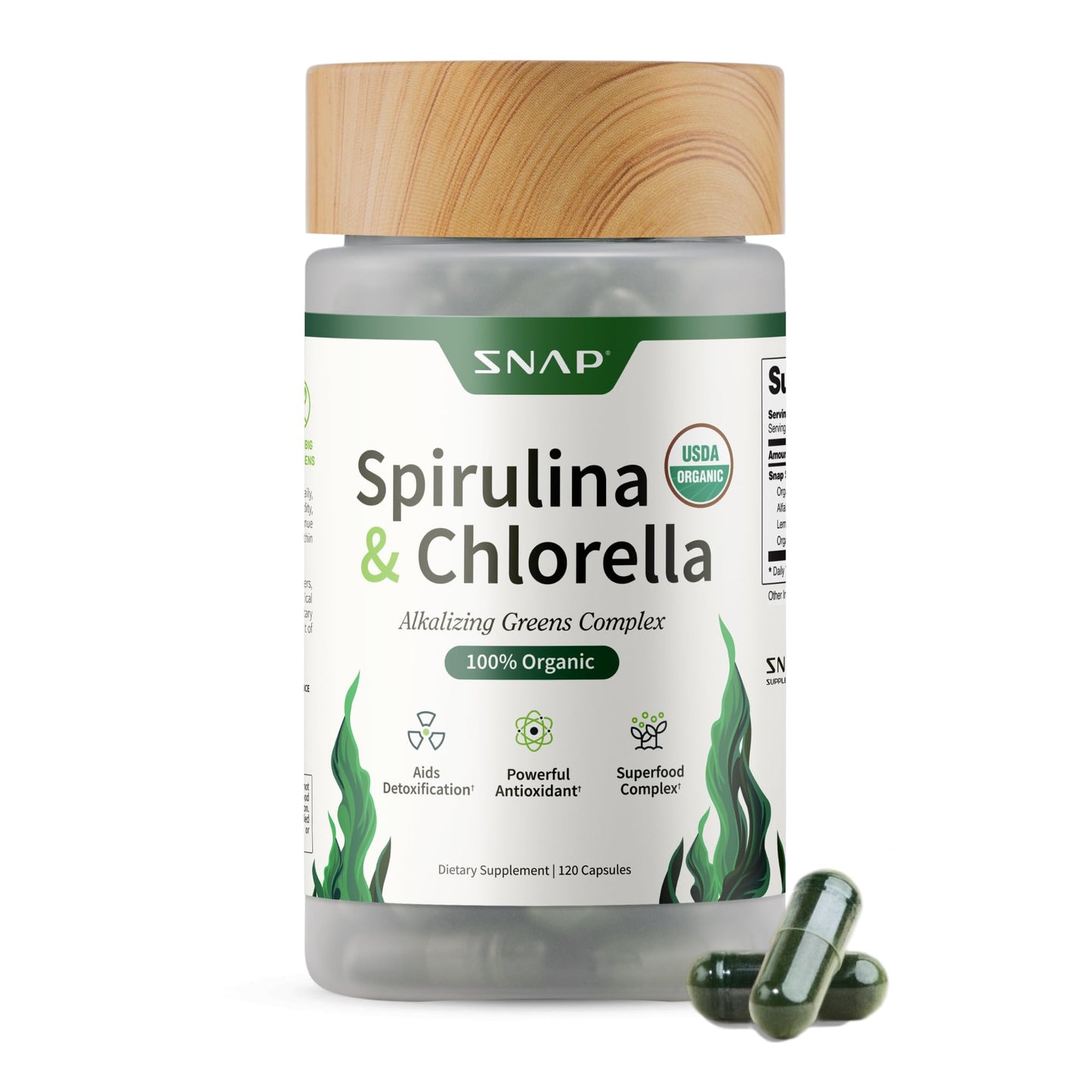 Snap Supplements Organic Spirulina & Chlorella - 120 Vegetarian Capsules