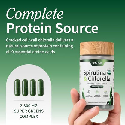 Snap Supplements Organic Spirulina & Chlorella - 120 Vegetarian Capsules