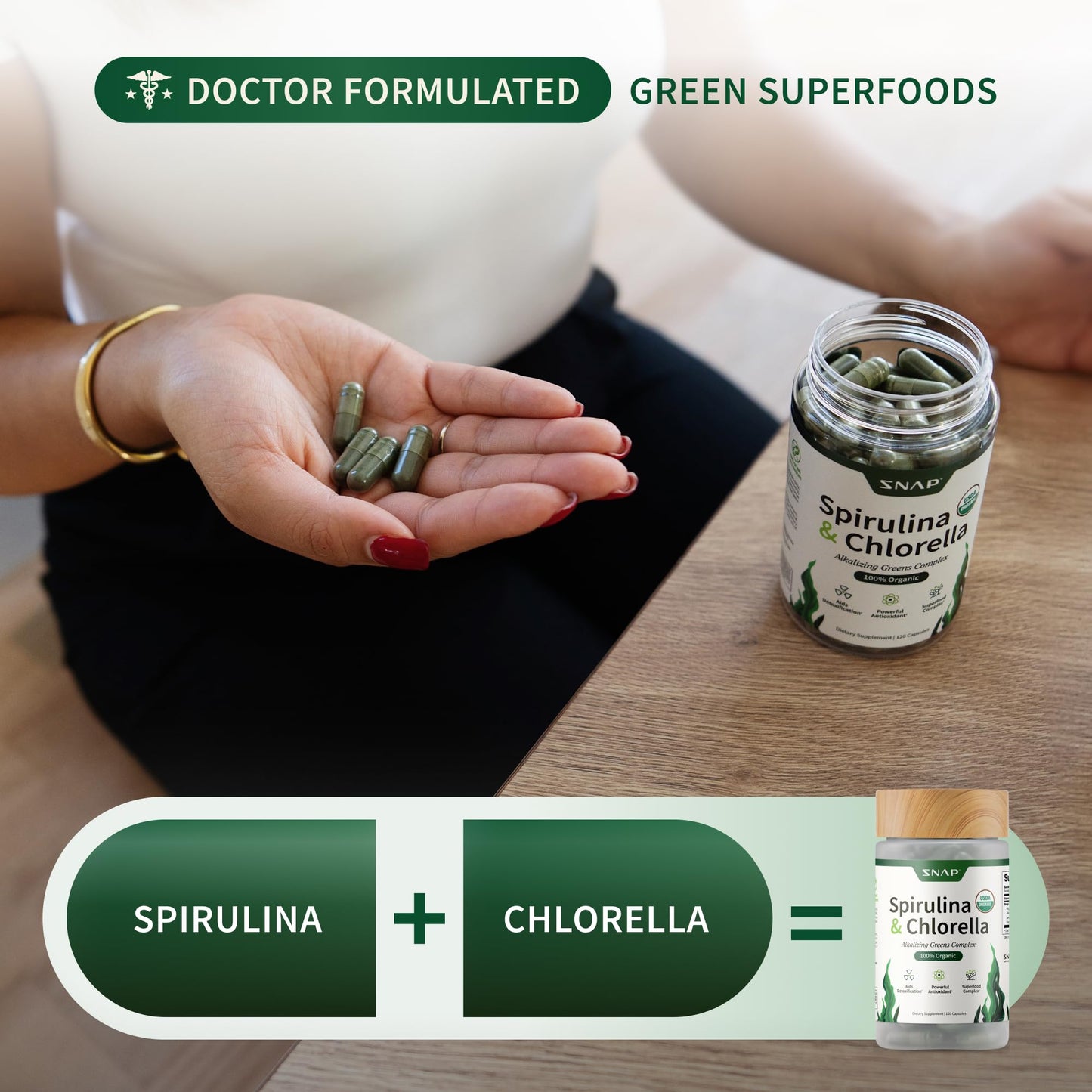 Snap Supplements Organic Spirulina & Chlorella - 120 Vegetarian Capsules