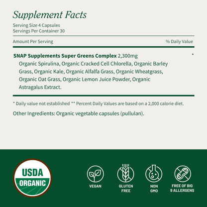 Snap Supplements Organic Spirulina & Chlorella - 120 Vegetarian Capsules
