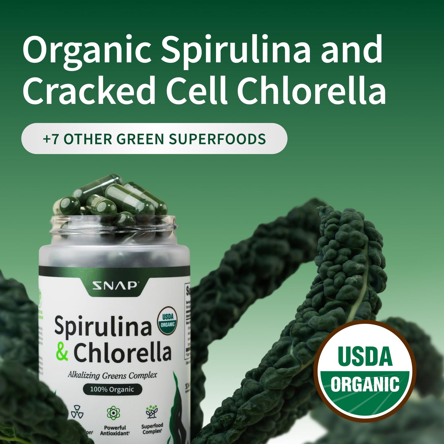 Snap Supplements Organic Spirulina & Chlorella - 120 Vegetarian Capsules