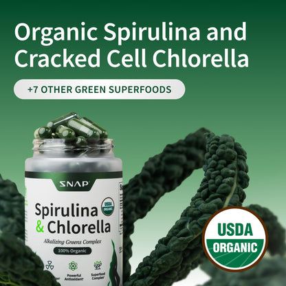 Snap Supplements Organic Spirulina & Chlorella - 120 Vegetarian Capsules