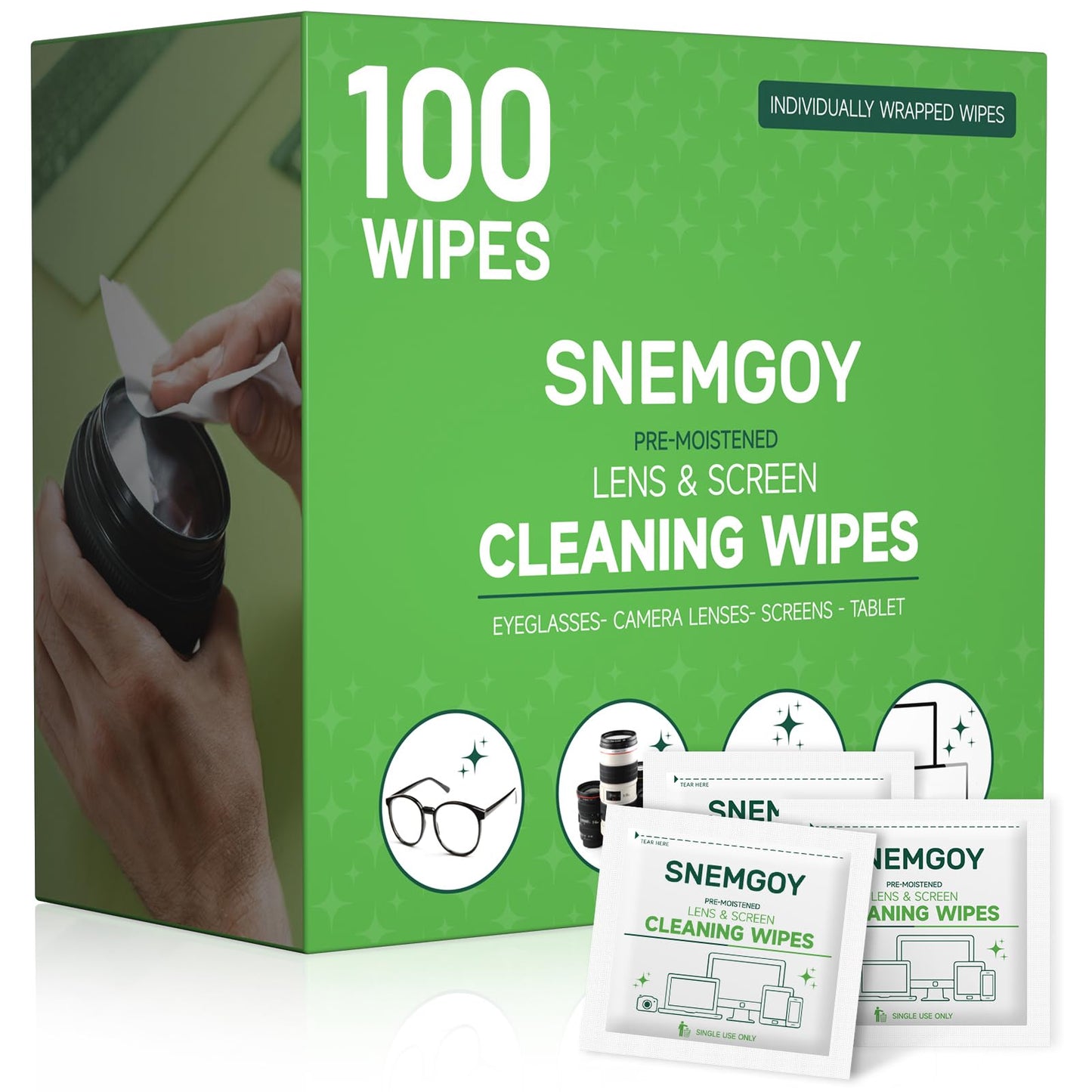 SNEMGOY 100 Count Lens Cleaning Wipes – Pre-Moistened & Individually Wrapped
