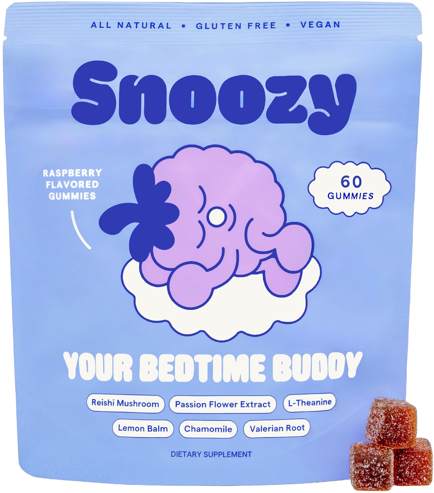 Snoozy Bedtime Buddy: Reishi Sleep Gummies - Melatonin-Free, Raspberry, 60 Gummies