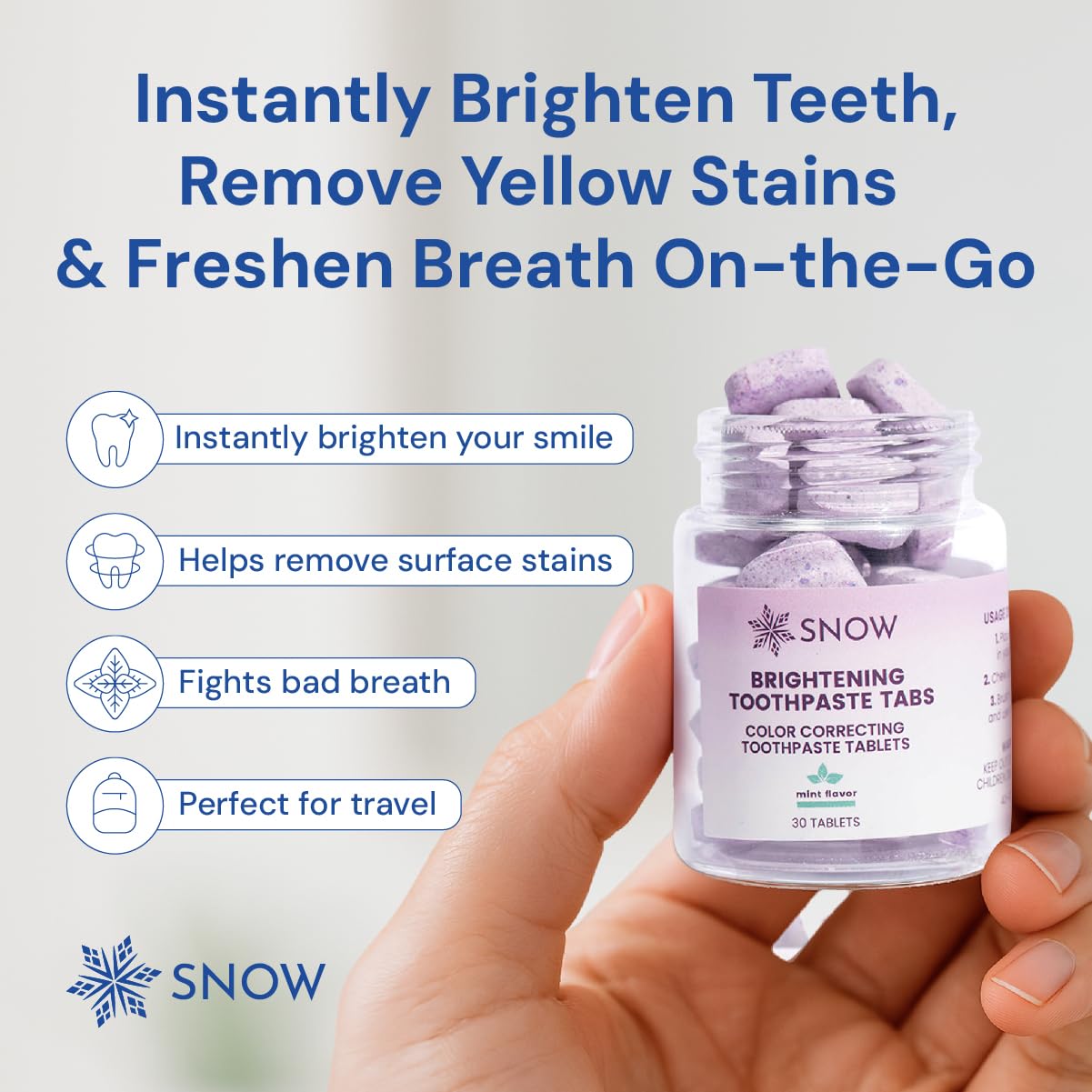SNOW Purple Whitening Toothpaste Tablets – 30 Count | Color-Correcting Whitening Tabs