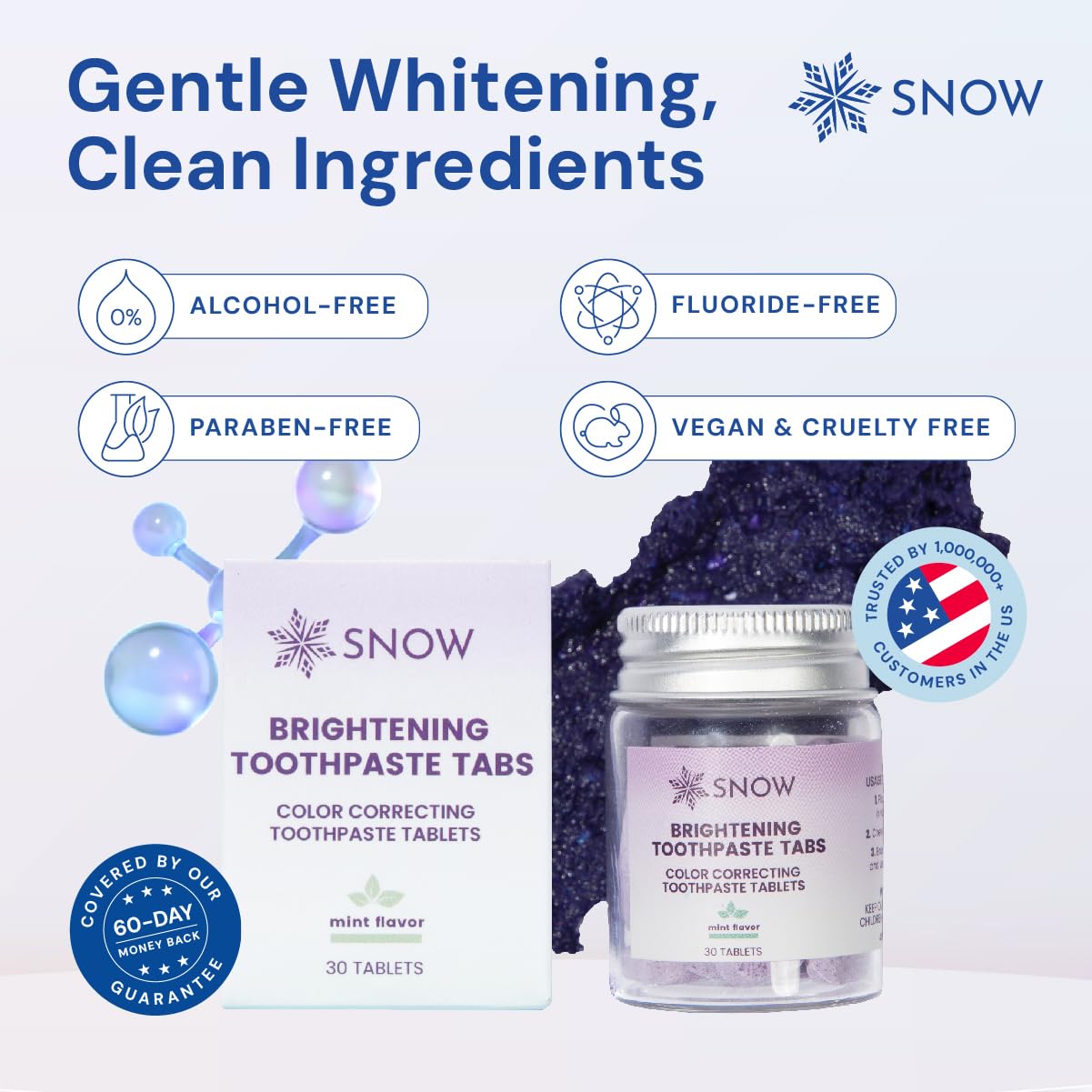 SNOW Purple Whitening Toothpaste Tablets – 30 Count | Color-Correcting Whitening Tabs